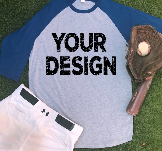 Download Blue Raglan Long Sleeve T Shirt Your Design Mock Up Mockup Etsy