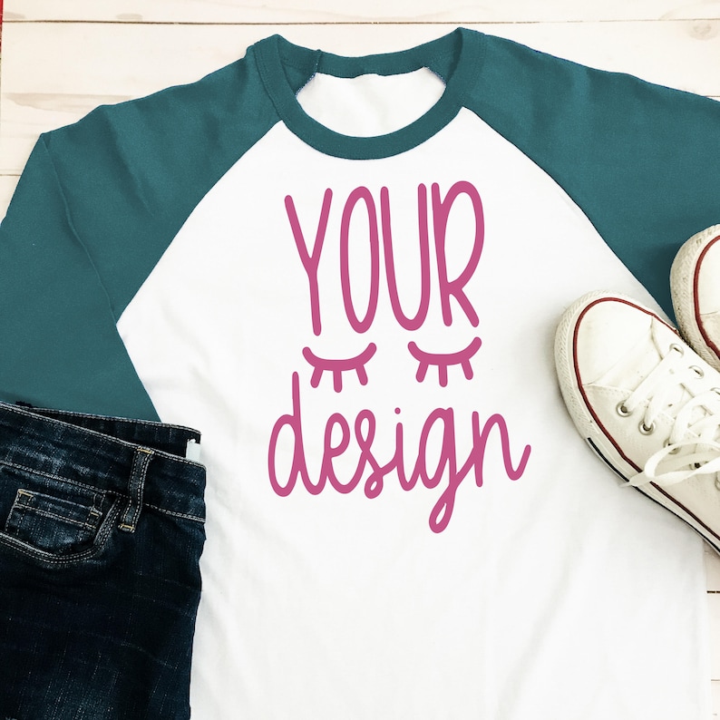 Download Teal raglan long sleeve T-shirt your design here mock-up | Etsy