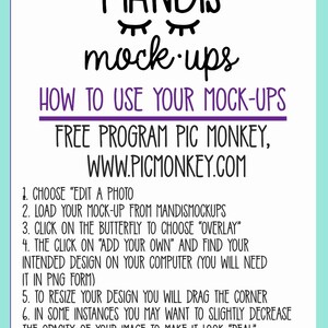 Peut inclure: Un fond blanc avec du texte noir qui dit "MANDIS mock-ups" avec une paire de cils au-dessus du mot "MANDIS". Sous le texte se trouve une ligne violette et du texte noir qui dit "HOW TO USE YOUR MOCK-UPS FREE PROGRAM PIC MONKEY, WWW.PICMONKEY.COM". En dessous, une liste num&eacute;rot&eacute;e d'instructions sur la fa&ccedil;on d'utiliser le programme gratuit PicMonkey pour &eacute;diter des photos.
