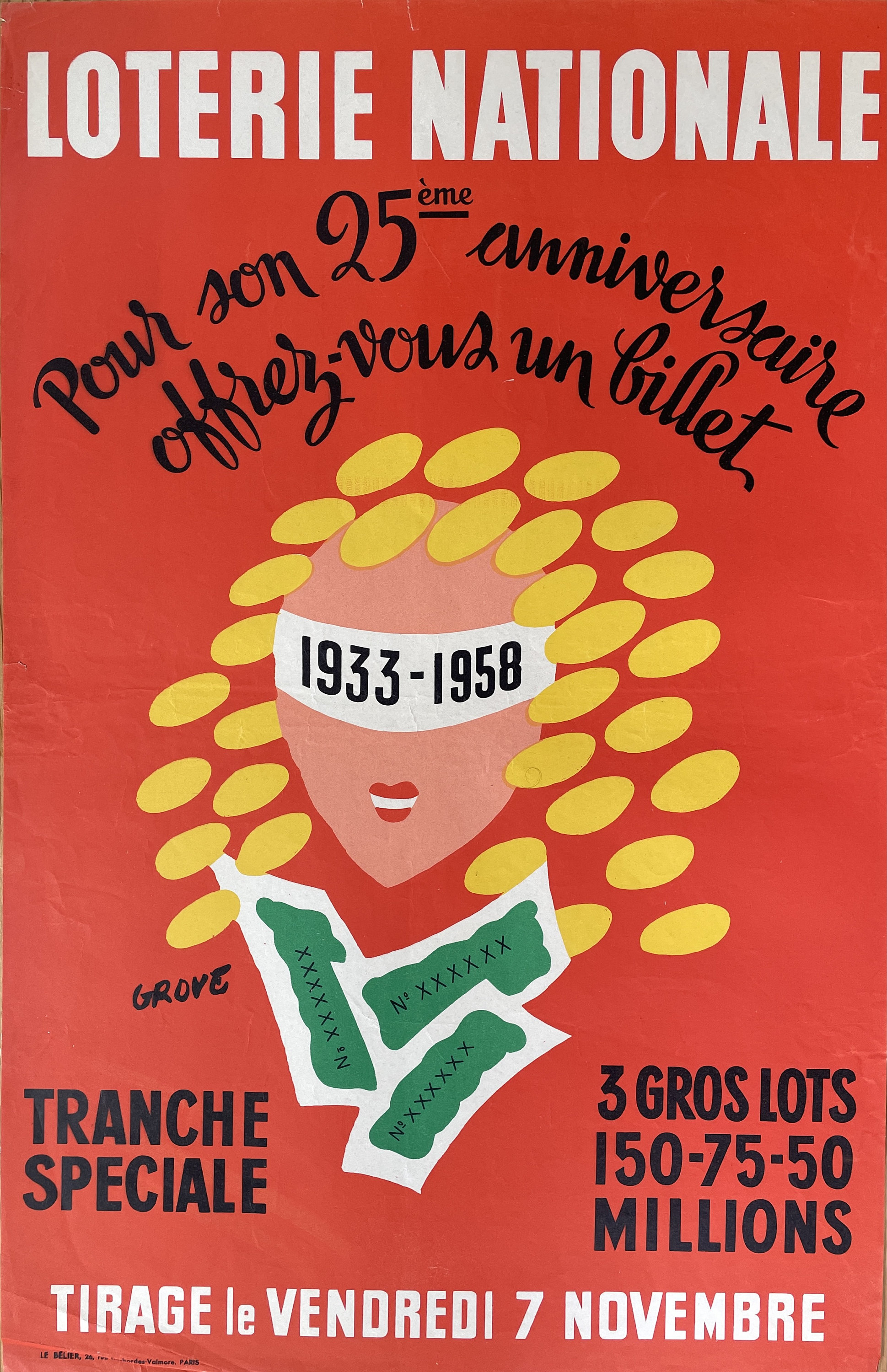 Affiche Publicitaire Ancienne Originale - Loterie Nationale Affiche Vintage 1958 de Collection Artis