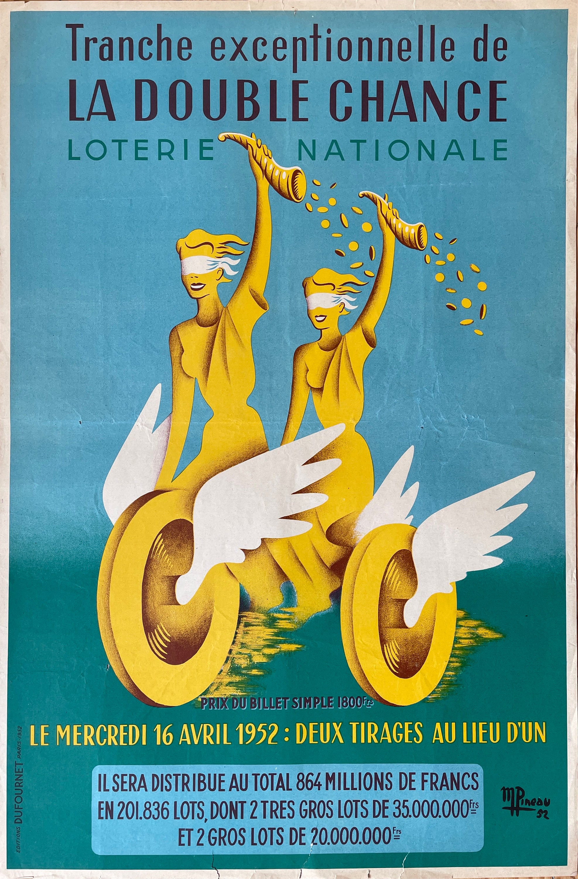 Affiche Publicitaire Ancienne Originale - Loterie Nationale Affiche Vintage 1952 de Collection Artis