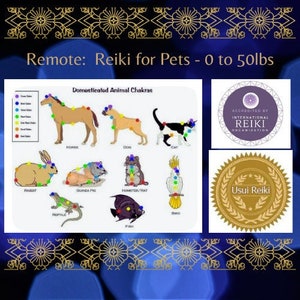 May include: An image with the text "Remote: Reiki for Pets - 0 to 50lbs". The image includes a diagram of animal chakras, a purple seal, and a gold seal. The diagram shows a horse, dog, cat, rabbit, guinea pig, hamster, reptile, fish, and bird.