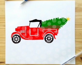 Christmas car cut file, Christmas car svg, Model A, svg, antique classic car, merry christmas svg, retro, vintage, old car, christmas tree