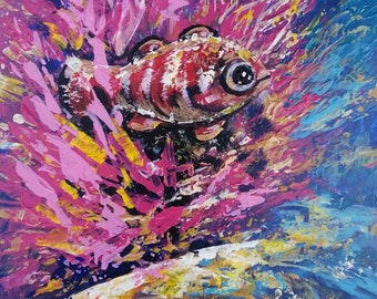 Original painting Fish in the ocean / painting underwater world acrylic / painting acrylic canvas on hardboard