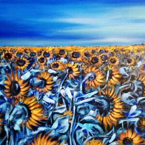 Original painting, sunflowers in the field, landscape acrylic / canvas sunflowers
