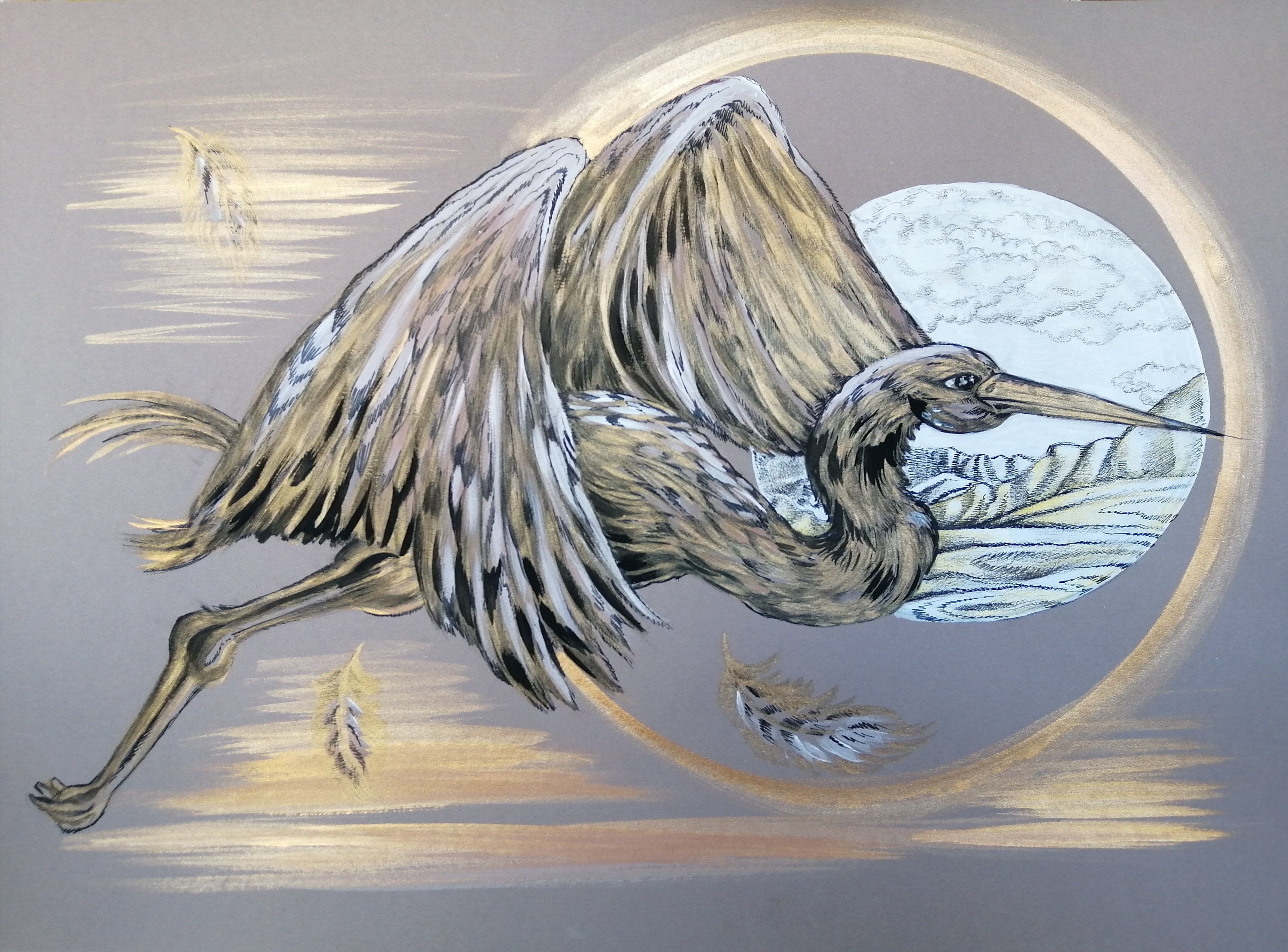 Painting original / acrylic Heron golden painting/ wall art / Etsy