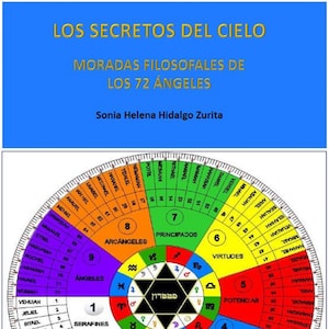 Puede incluir: Un diagrama circular de colores con una estrella de 7 puntas en el centro. La rueda está dividida en 9 secciones, cada una con un color diferente y un nombre en hebreo. Los nombres son: Serafines, Querubines, Tronos, Dominaciones, Virtudes, Potestades, Principados, Arcángeles y Ángeles. El diagrama está titulado "Los Secretos del Cielo" y "Moradas Filosofales de los 72 Ángeles".