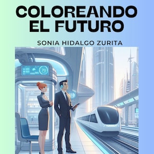 Puede incluir: Una portada de libro para colorear con una escena futurista de una ciudad con un tren, dos personas de pie en una plataforma y el título "Coloreando El Futuro" de Sonia Hidalgo Zurita.