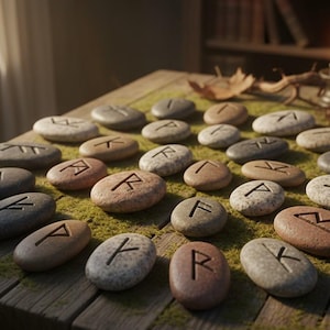 Puede incluir: Piedras rúnicas con símbolos grabados, dispuestas sobre una superficie de madera cubierta de musgo. El texto "Alfabeto Rúnico" está en la parte superior y el nombre del autor en la inferior. Las piedras son grises y marrones.