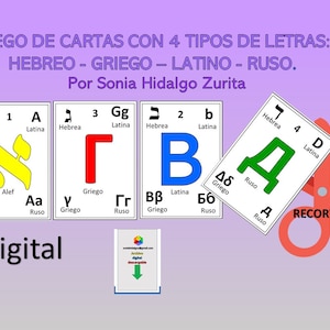 Juego de cartas con 4 tipos de letras de los alfabetos hebreo - griego – latino - ruso Cartas con las letras para imprimir, recortar y jugar