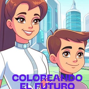 Puede incluir: Una portada de libro para colorear con una niña y un niño con ropa futurista, de pie frente a un horizonte urbano. El título es "Coloreando El Futuro" y la autora es "Sonia Hidalgo Zurita".