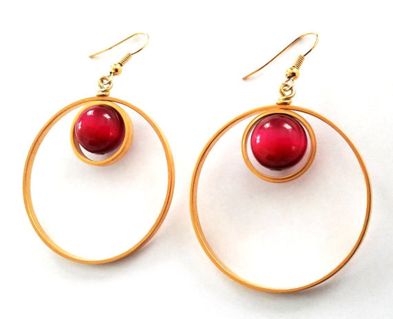 Two Circle Earrings Gold Plated Earrings Cabochon Gold Earrings Gift For Her Circle Earrings Red Gemstone Earrings Gemstone Earrings
