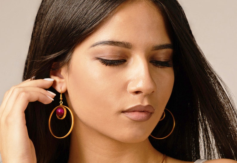 Two Circle Earrings Gold Plated Earrings Cabochon Gold Earrings Gift For Her Circle Earrings Red Gemstone Earrings Gemstone Earrings