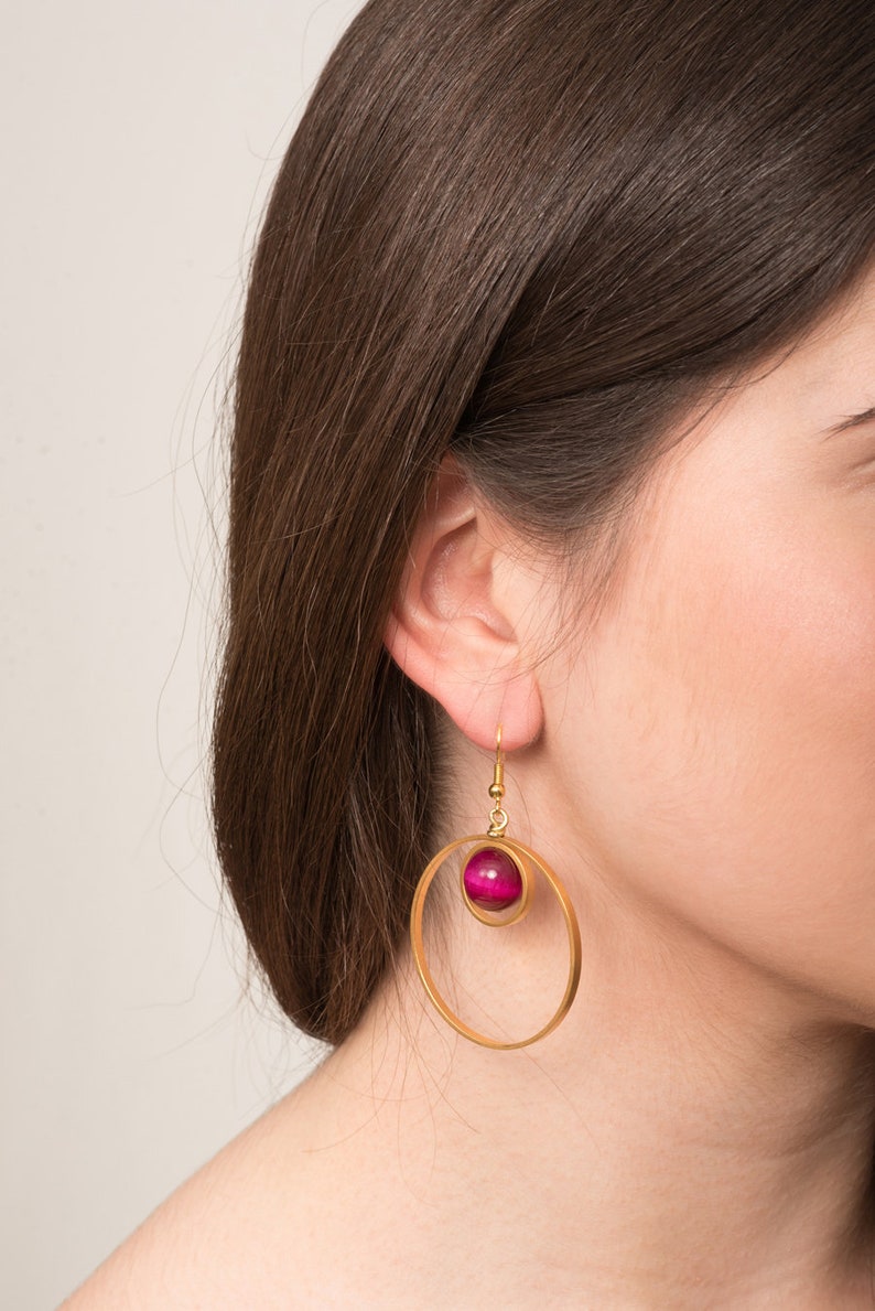 Two Circle Earrings Gold Plated Earrings Cabochon Gold Earrings Gift For Her Circle Earrings Red Gemstone Earrings Gemstone Earrings