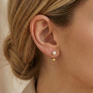 Double Sided Pearl Gold Earrings, Minimalist Bridal Studs, Modern Jewelry