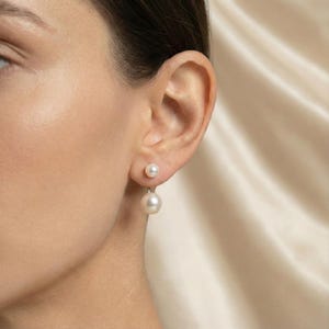 Double Pearl Ear Jacket Earrings - Sterling Silver Front Back Studs, Hypoallergenic Bridal Gift