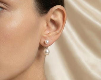 Double Pearl Stud Earrings - Sterling Silver Front Back Freshwater Pearl Earrings, Bridal Jewelry Gift for Her