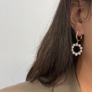 Freshwater Pearl Circular Ring Dangling Earrings / Wedding gift / Birthday Gift /  Bridesmaid gift