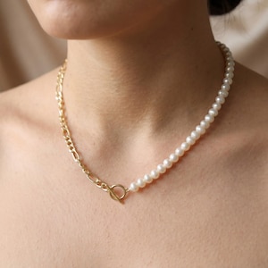 Freshwater Pearl Necklace: Half Gold Chain, Minimalist Handmade Jewelry