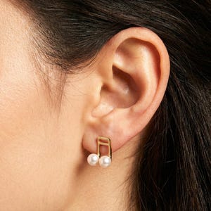Freshwater Pearl Music Note Earrings, Gold Asymmetrical Studs