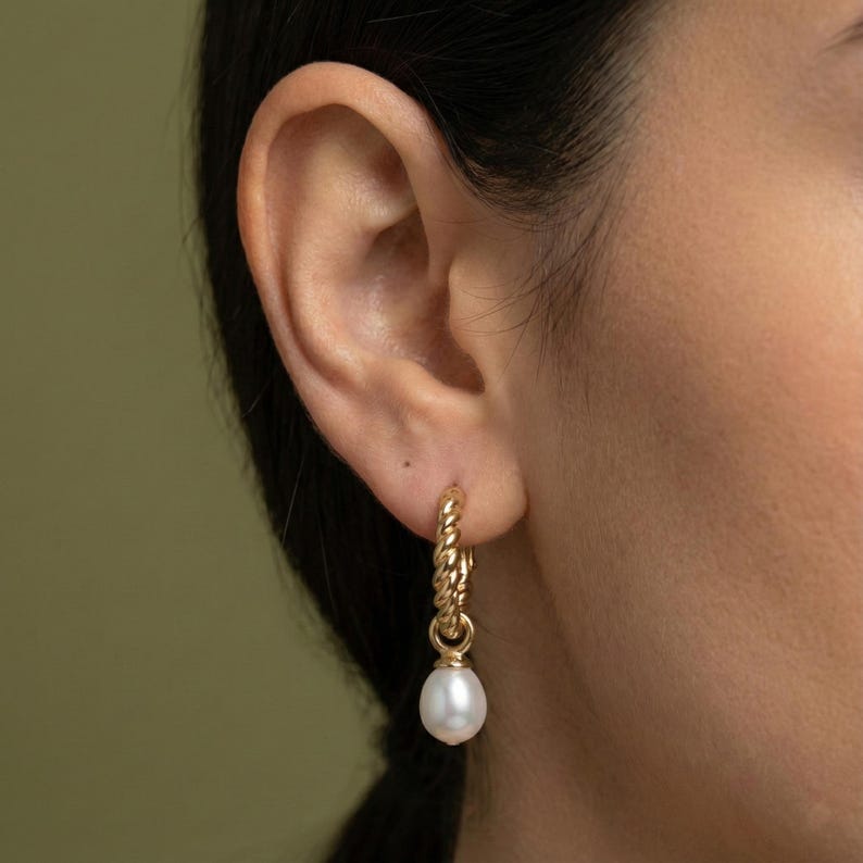 Pearl Hoop Earrings - Gold or Silver Twisted Huggie Hoops, Freshwater Pearl Drop Earrings, Bridal Jewelry Gift image 5