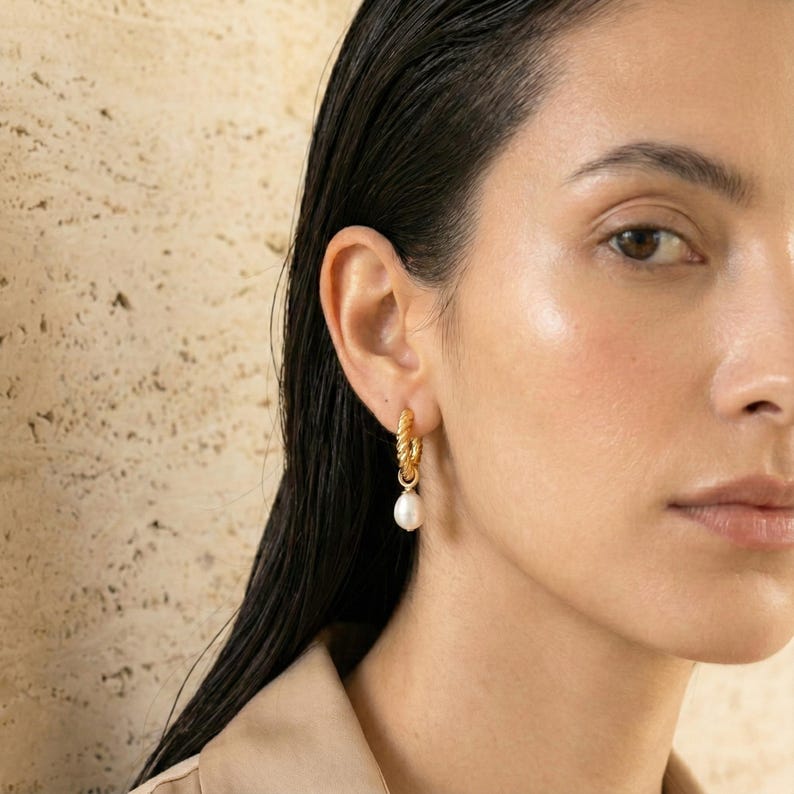 Pearl Hoop Earrings - Gold or Silver Twisted Huggie Hoops, Freshwater Pearl Drop Earrings, Bridal Jewelry Gift image 6