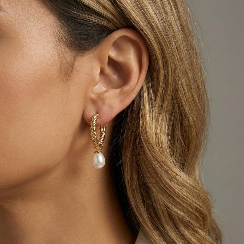 Pearl Hoop Earrings - Gold or Silver Twisted Huggie Hoops, Freshwater Pearl Drop Earrings, Bridal Jewelry Gift image 1
