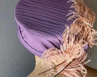 1980s Pillbox Felt Hat With Feather and Velveteen Bow Trim 