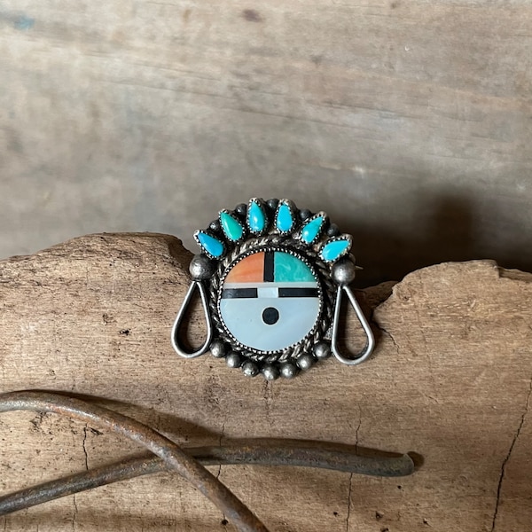 Dainty Zuni Zia Sun Face Native American Pin Sterling Silver Turquoise, Coral Onyx MOP