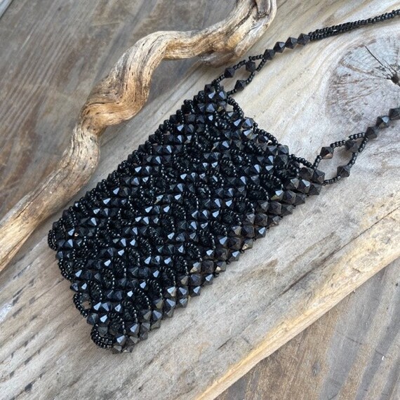 Vintage Jet Black Beaded  Evening Mini Purse with… - image 8