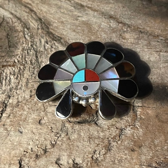 Signed Zuni Sun Face Pendant Pin Multi Stone Inla… - image 1