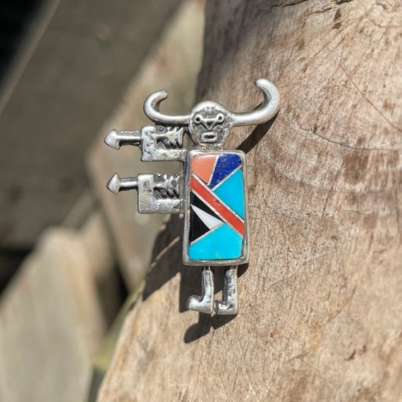 Zuni Kachina Small Totem  Pin Sterling, Turquoise… - image 1