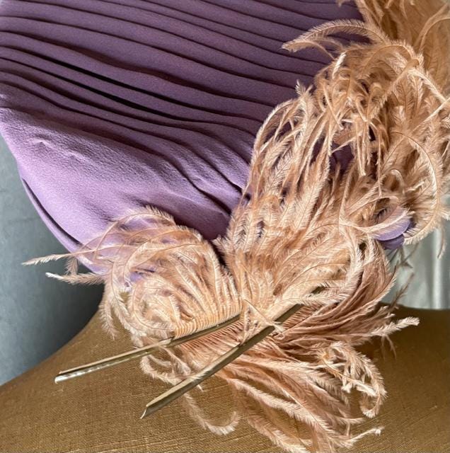 RARE Vintage Milliner\'s Pillbox Tilt Hat 30\'s 40\'s Amethyst with Feather RARE Vintage Milliner main image 2