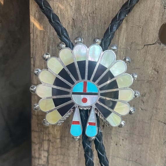 Brilliant Vintage Native American Zuni Inlay Sunface Turquoise Coral Jet Sterling Silver Bolo Brilliant Vintage Native American Zuni Inlay Sunface Turquoise Coral Jet Sterling Silver Bolo