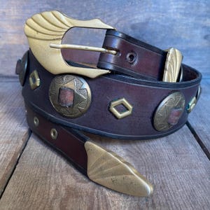 Vintage Concho Belt Southwest Brown Leather Matte Gold  display picture 1