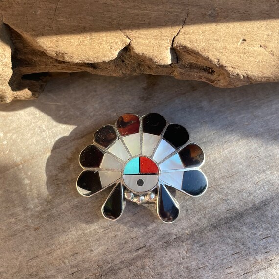Signed Zuni Sun Face Pendant Pin Multi Stone Inla… - image 9