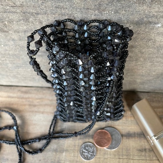 Vintage Jet Black Beaded  Evening Mini Purse with… - image 3