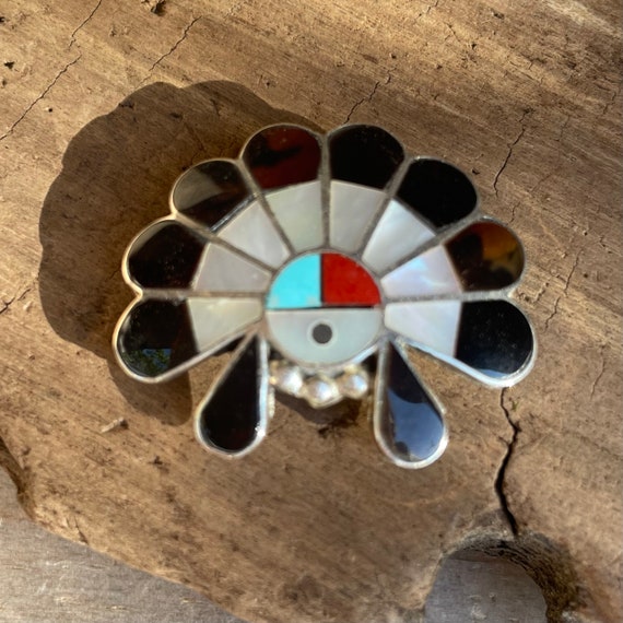 Signed Zuni Sun Face Pendant Pin Multi Stone Inla… - image 10
