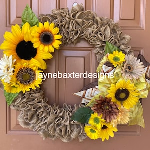 Sunflower Wreath, summer wreath, flower wreath, summer wreath for front door, fall wreath, burlap wreath, sunflower wreath for front door