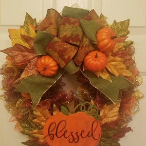 Fall wreath with pumpkins, Fall door wreath, autumn door wreath, fall deco mesh door wreath, fall decor