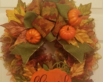 Fall wreath with pumpkins, Fall door wreath, autumn door wreath, fall deco mesh door wreath, fall decor