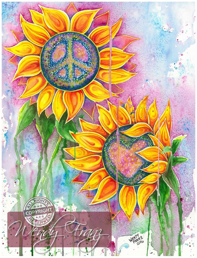 Peace and Love Sunflowers Watercolour Print Etsy