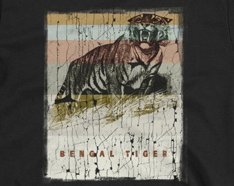 May include: Black t-shirt with a vintage-style graphic of a Bengal tiger in a distressed frame. The text "Bengal Tiger" is printed below the image.