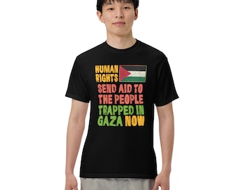 May include: Black t-shirt with a Palestinian flag and the text "Human Rights Send Aid to the People Trapped in Gaza Now".