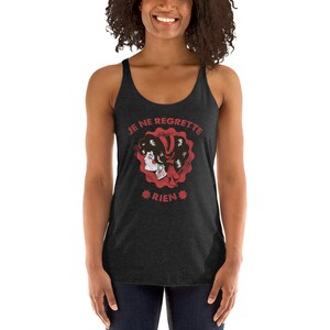 May include: A dark gray tank top with a red graphic print of a woman's face with the text "JE NE REGRETTE RIEN" in red.