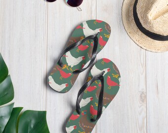 NEW! Boho Chicken Hen and Bird Flip-Flops for birders, birding, foul chicken farmers and bird lovers.