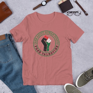 Puede incluir: Una camiseta rosa con un gráfico circular desgastado que presenta un puño en alto y el texto "Care About Human Rights Free Palestine".