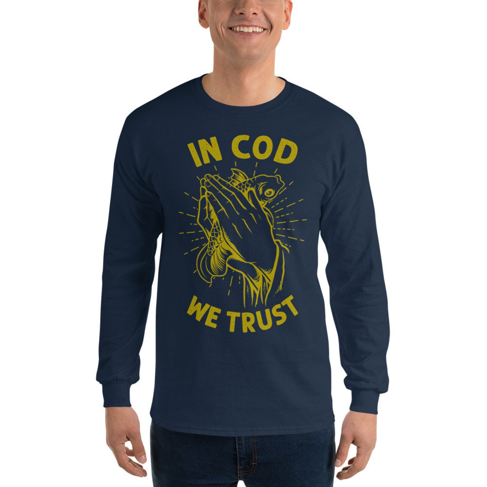 Praying Cod Funny in Cod We Trust Christian Praying Hands Religious Parody Unisex ...