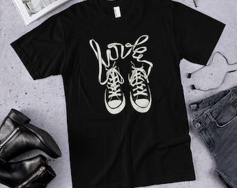 Retro Converse Style Hi-Tops Design With Laces Spelling LOVE Vintage Tennis Shoes Sneakers High Tops Short Sleeve Unisex T-Shirt