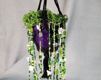 Beaded Hanging Plant Suncatcher, Cotton Rope Macrame Decor, Purple Terracotta Pot